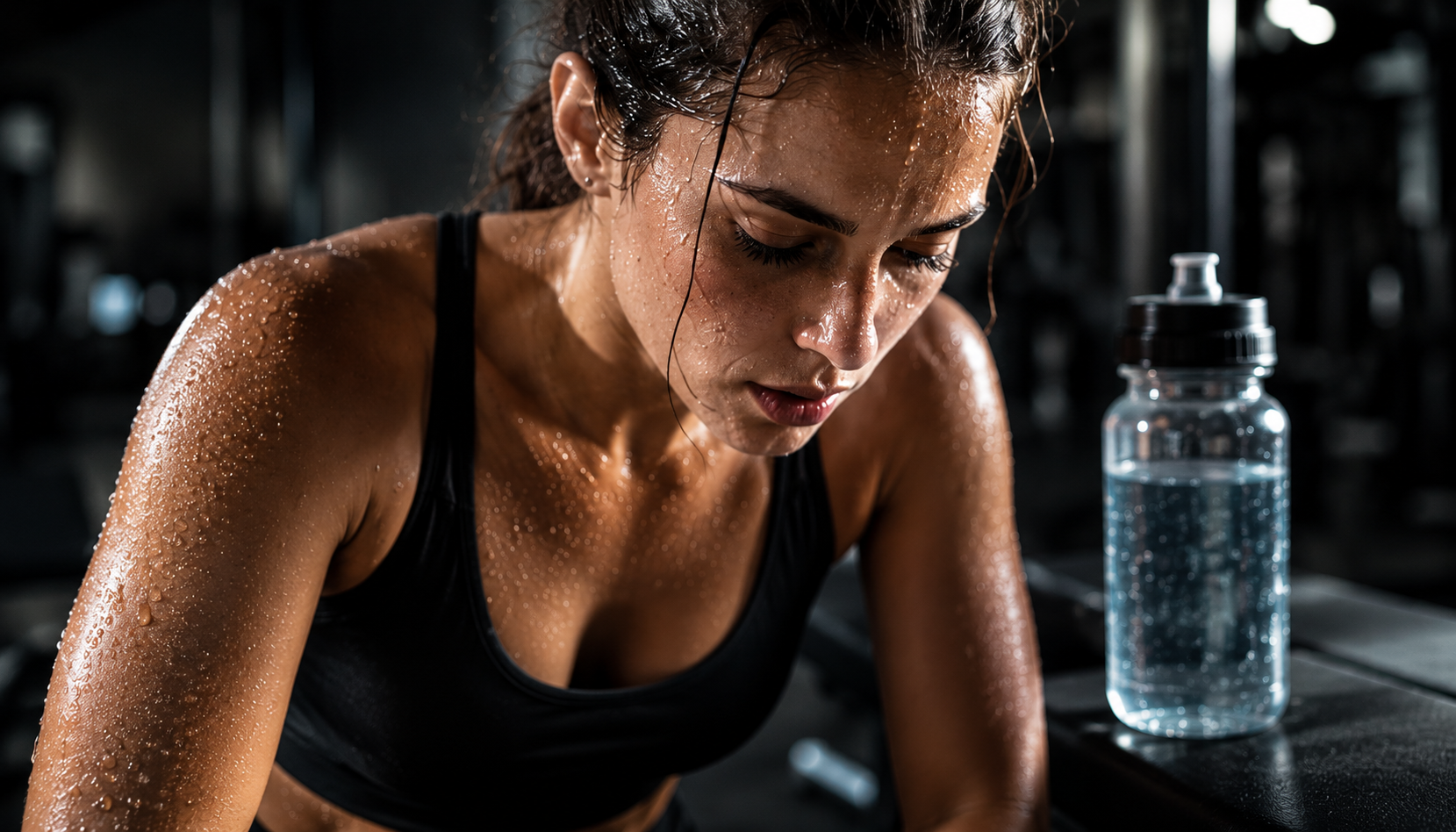 Athletin schwitzt beim intensiven Krafttraining im Gym – Flüssigkeitsverlust und Hydration beim Sport