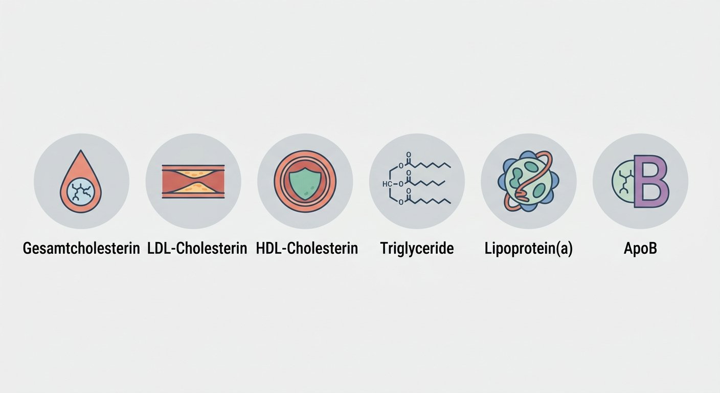 Sechs einfache Icons nebeneinander für die Blutfettwerte Gesamtcholesterin, LDL-Cholesterin, HDL-Cholesterin, Triglyceride, Lipoprotein(a) und ApoB