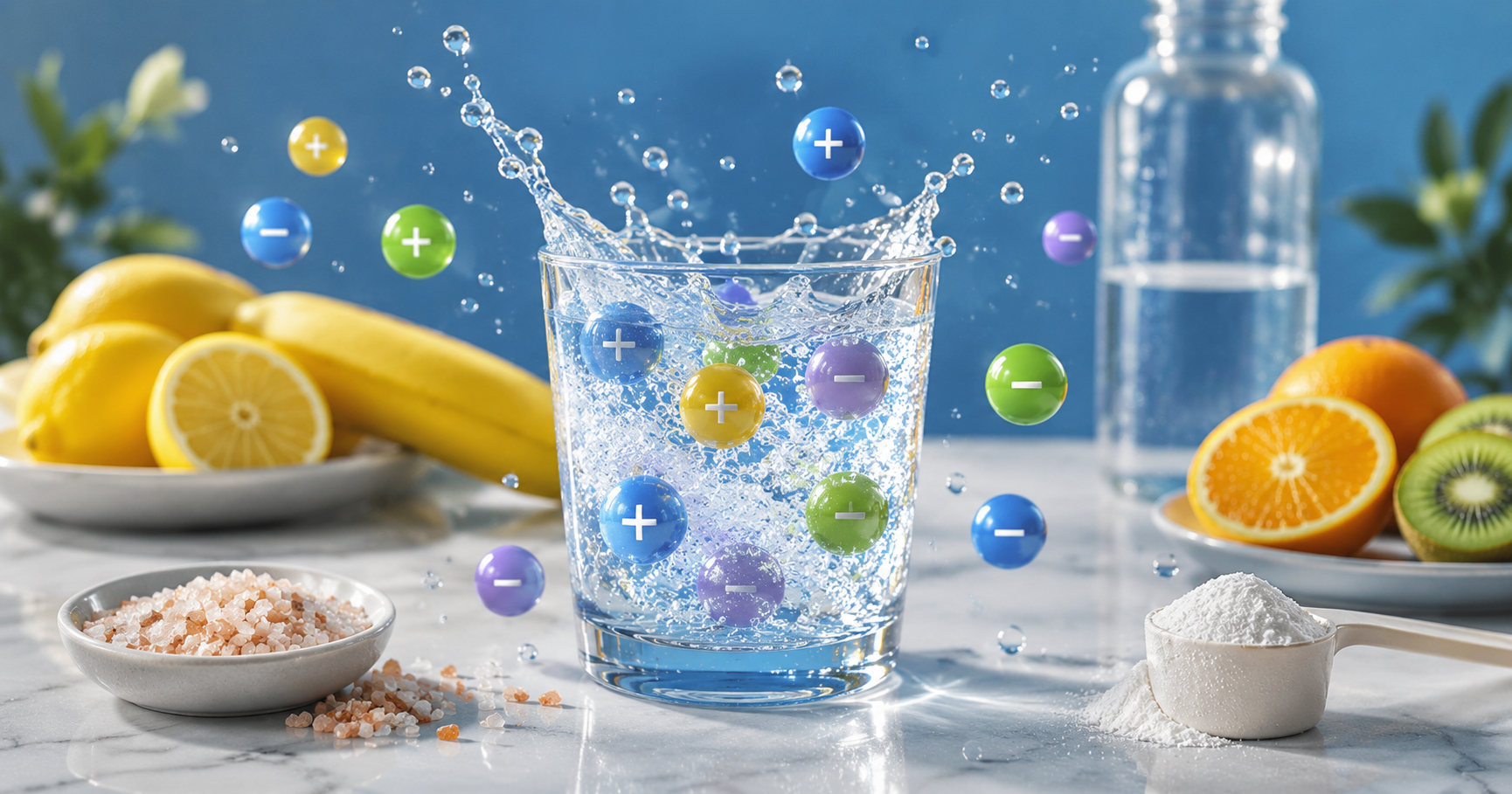 Erfrischendes Mineralwasser mit Wassersplash, Zitrusfrüchten, Banane, Salz und Elektrolytpulver als Symbol für Flüssigkeitshaushalt und Mineralstoffversorgung beim Sport