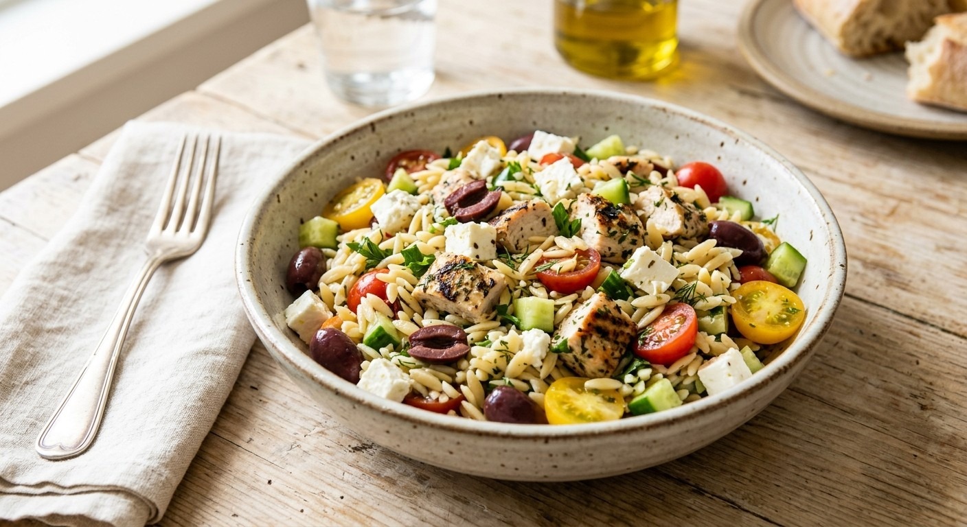 Griechischer Kritharaki-Salat mit Hähnchen und Feta