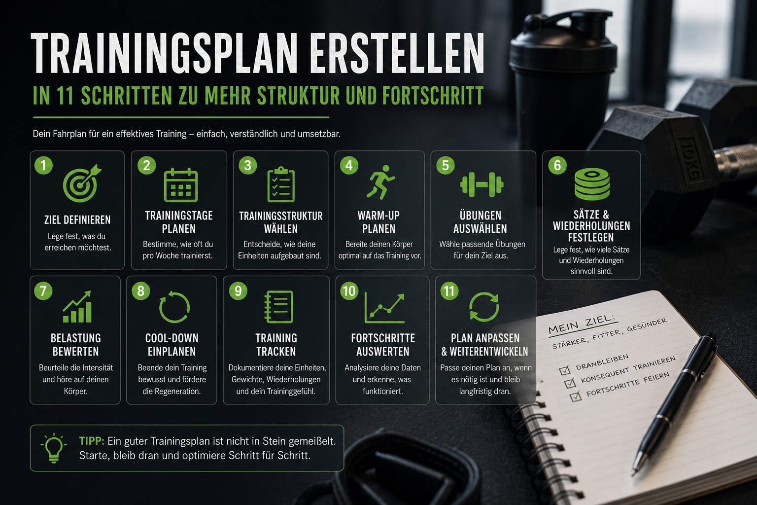 Infografik mit 11 Schritten zum Erstellen eines Trainingsplans mit Zieldefinition, Trainingsstruktur, Übungen, Tracking und Fortschrittsauswertung