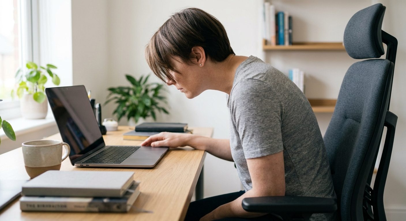 Person sitzt mit rundem oberen Rücken und vorgeschobenem Kopf am Laptop